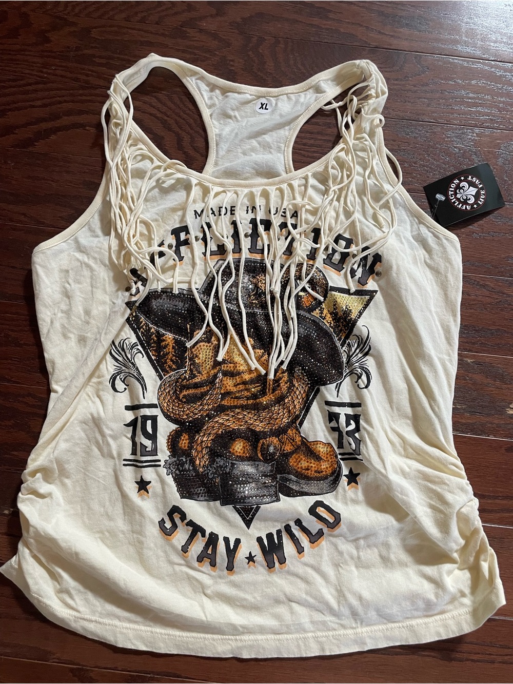 Affliction Cream Fringe Racerback Tank with Snake Graphic stay wild XL